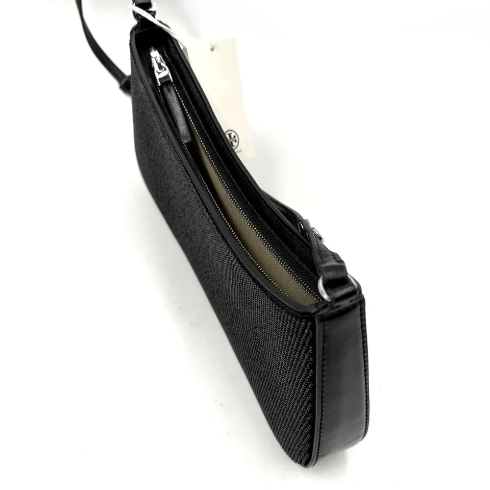 Tory Burch Emerson Crystal Embellished Shoulder Bag Black Leather Rhinestone